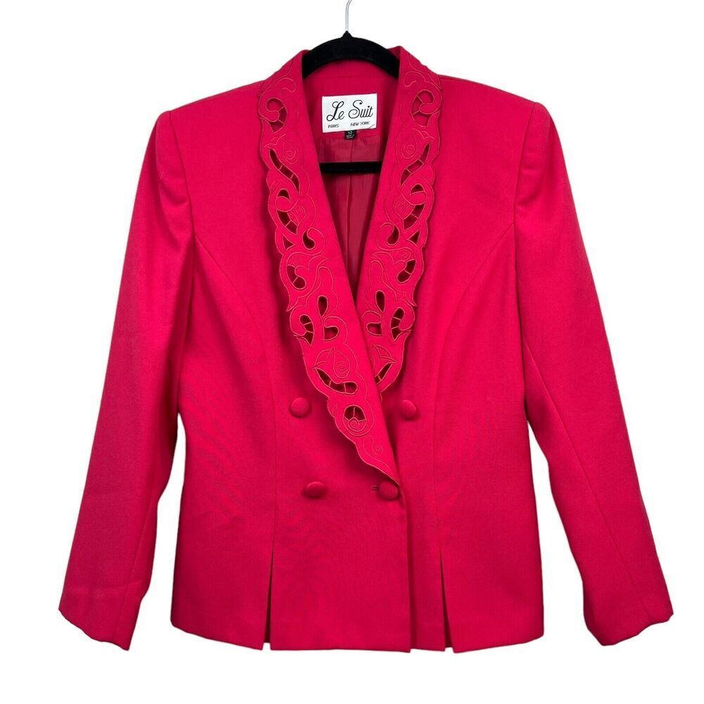 Le Suit Womens Blazer Suit Floral Eyelet Collar Double Breasted Lined Pink Sz 10